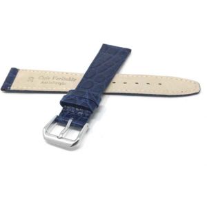 Back view of Blue Womens Slim Leather Watch Strap, Lizard Pattern, Glossy with Silver Tone Buckle