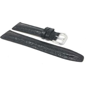 Side view of Black Womens Leather Strap, Lizard Pattern, Padded, Glossy with Silver Tone Buckle