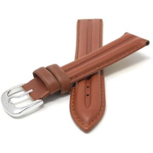 Front view of Tan Leather Watch Band, Side Padded, Pointed Tip with Silver Tone Buckle