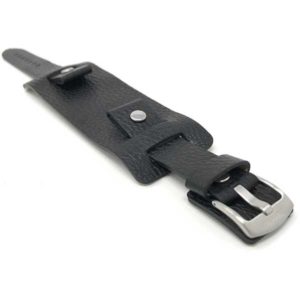 Side view of Black Mens Leather Band Wrist Cuff, Rectangular Bund Strap - 20mm, Black with Silver Tone Buckle