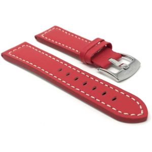 Side view of Red Thick Mens Leather Watch Strap, Racer, White Stitch with Stainless Steel Buckle