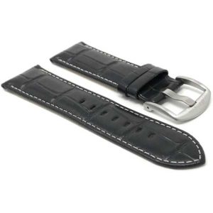 Side view of Black Mens Leather Watch Strap, Crocodile Pattern, White Stitch with Stainless Steel Buckle