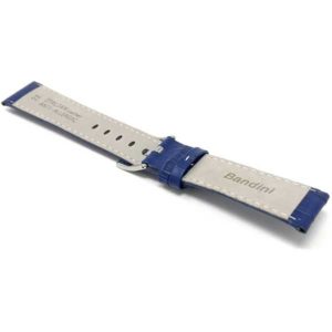 Back view of Blue Mens Leather Strap, Alligator Pattern, White Stitch with Stainless Steel Buckle