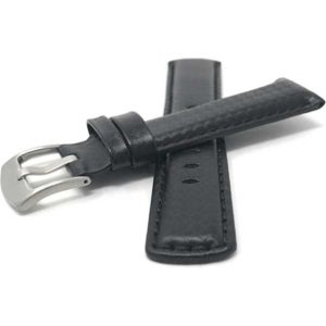 Front view of Black Mens Leather Carbon Fiber Pattern Watch Band with Stainless Steel Buckle