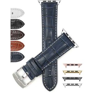 Bandini Mens Leather Band, Alligator Style, White Stitch for Apple Watch Series 6/5/4/3/2/1, Extra Long (XL) Available
