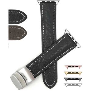 Bandini Mens Leather Deployment Watch Strap with White Stitch for Apple Watch Series 6/5/4/3/2/1