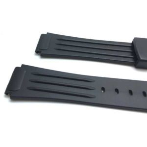 Side view of Black Black Ribbed Rubber Sports Watch Band with Stainless Steel Buckle