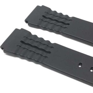 Closeup view of Black Black Rubber Sports Watch Strap, Ripples and Indents with Stainless Steel Buckle