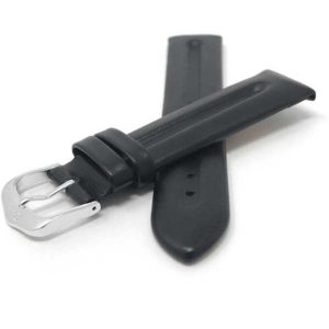 Front view of Black Leather Strap, Mat, Side Padded, Pointed Tip with Silver Tone Buckle