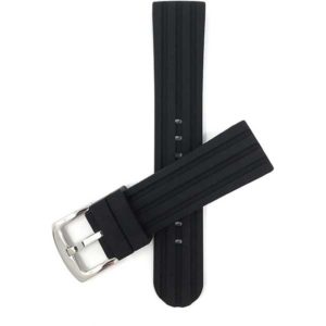 Top view of Black Soft Silicone Rubber Watch Band Grooved, Waterproof with Stainless Steel Buckle