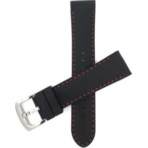 Top view of Black and Red Soft Rubber Silicone Watch Strap, Black with Red Stitch with Stainless Steel Buckle