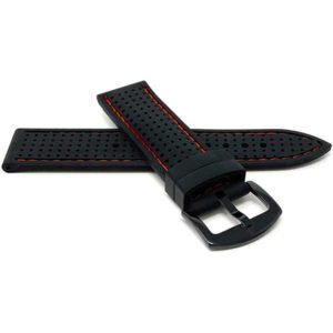 Back view of Red Mens 22mm Silicone Rally Watch Strap, Perforated Racing Band with Black Stainless Steel Buckle