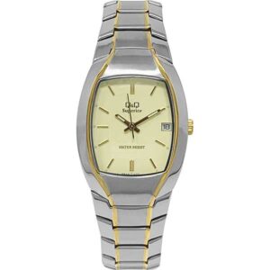 Q&Q Superior Two-Tone Mens Square Analog Watch - Full Stainless Steel Case, Caseback and Strap - Luminous Hands and Index - Japanese Quartz Movement - Date - KB48J400