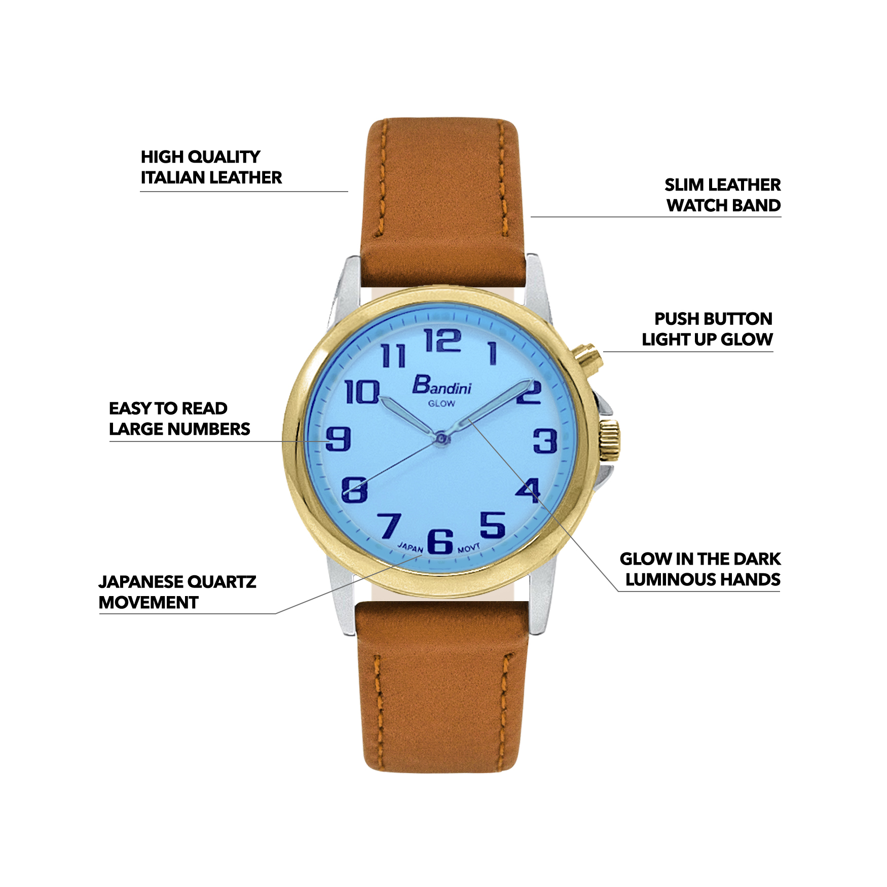 Bandini Womens Glow Watch - Leather Band - 28mm Analog Women's Easy to Read Wrist Watch with Light, Light Up Watches, Quartz, White Dial, Big Numbers, Glow in the Dark Hands - Two-Tone / Tan - Image 3