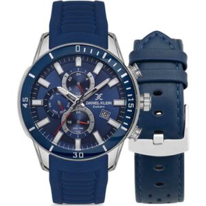 Daniel Klein 45mm Mens Multifunction Watch Set, Dual Time, Blue Dial, Silicone Strap, Day / Date , Extra Rally Strap