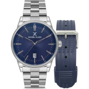 Daniel Klein 43mm Mens Watch Set, Blue Sunburst Dial, Stainless Steel Strap, Date , Extra Leather Strap