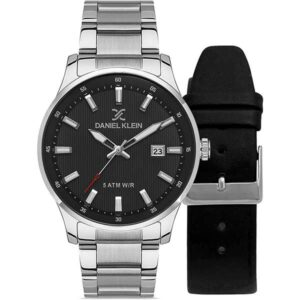 Daniel Klein 43mm Mens Watch Set, Black Dial, Stainless Steel Strap, Date , 5 ATM, Extra Leather Strap