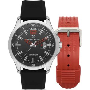 Daniel Klein 44mm Mens Watch Set, Black Dial, Red Hands, Silicone Strap, Date , 5 ATM, Extra Waffle Strap