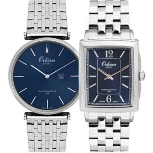 Orlean 2 Watch Bundle - Full Stainless Steel Square and Round, Blue Dial, Date