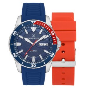 Daniel Klein 45mm Analog Mens Watch Set, Silicone Strap, Day / Date, Billingual, 3 ATM
