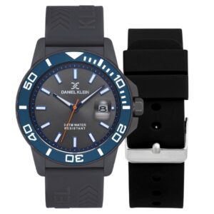 Daniel Klein 44mm Analog Mens Watch Set, Silicone Strap, Date, 3 ATM