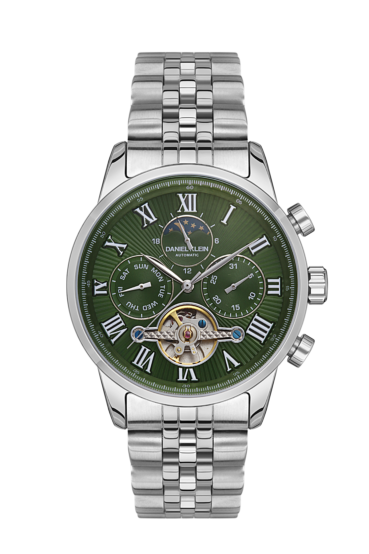 Daniel Klein 43mm Automatic Mens Watch, Stainless Steel Strap, Dual Time, Japanese Moonphase, Skeleton, Day / Date - DK.1.13564-3